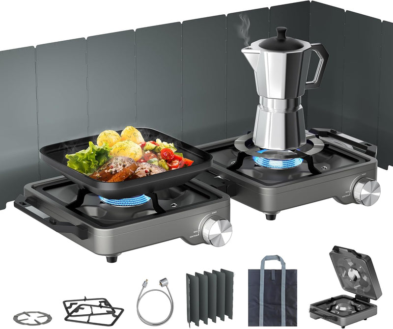 27000 Btus 2 Burner Folding Camp Stove with Windshield, Portable Camping Stove Propane with Adjustable Burners &Carring Bag, Propane Gas Stove for Camping, Tailgating, BBQ