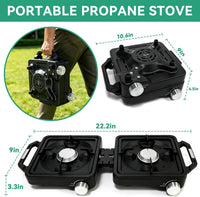 2 Burner Camp Stove 24000 BTU, Portable Propane Camping Stove with Windshield, Foldable Gas Stove with Adjustable Burners, Carry Bag, Camping Cooking Set for RV, Tailgating, Survival, Black