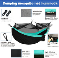 Camping Hammock - Camping Essentials, Double Hammock with Bug Net, Camping Gear Hammock for Outside, Hiking, and Travel (Black & Seafoam)