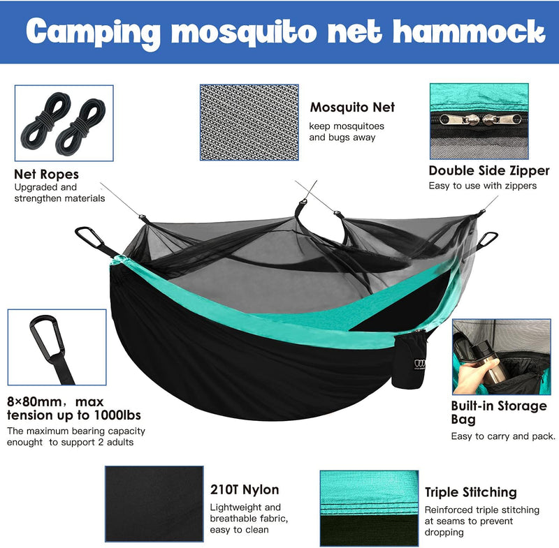 Camping Hammock - Camping Essentials, Double Hammock with Bug Net, Camping Gear Hammock for Outside, Hiking, and Travel (Black & Seafoam)