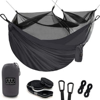 Camping Hammock - Camping Essentials, Double Hammock with Bug Net, Camping Gear Hammock for Outside, Hiking, and Travel (Gray)