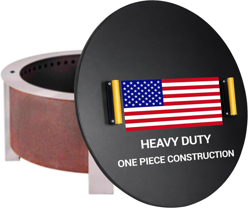 28” round Fire Pit Lid – Heat Resistant Fire Pit Cover round Metal for Outdoor Fireplace -16 Gauge Steel Flat Fire Pit Burner Pan Cover with 2 Wooden Handles Snuffer Lid for Patio Firepit Ring