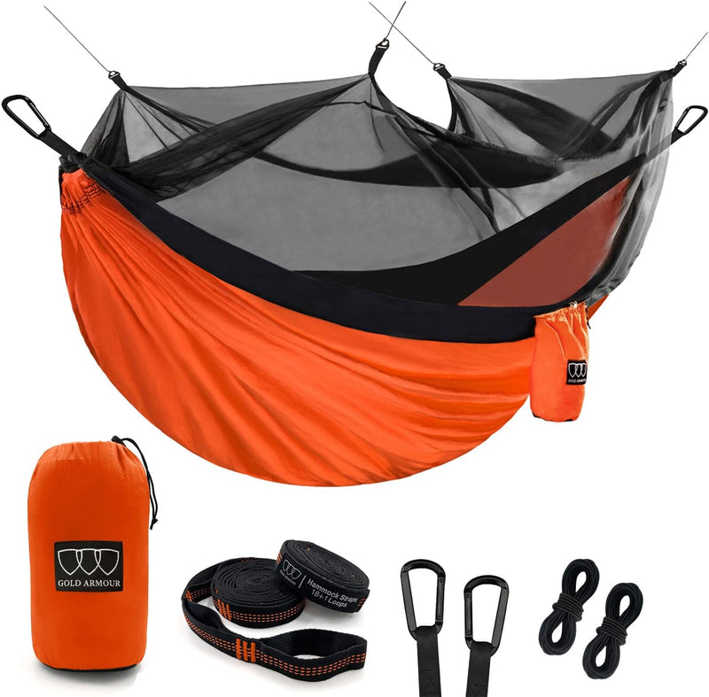 Camping Hammock - Camping Essentials, Double Hammock with Bug Net, Camping Gear Hammock for Outside, Hiking, and Travel (Orange & Black)