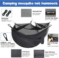 Camping Hammock - Camping Essentials, Double Hammock with Bug Net, Camping Gear Hammock for Outside, Hiking, and Travel (Gray)