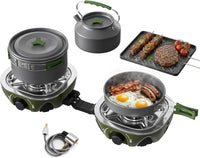 Propane Camping Stove 2 Burner, 20000 BTU Foldable Portable Gas Stove with Cookware Set & Carry Bag, Windproof Outdoor Gas Cooking Kit with Frying Pan for RV, Tailgating, Survival Olive