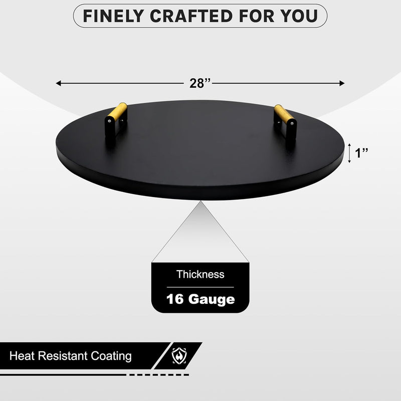 28” round Fire Pit Lid – Heat Resistant Fire Pit Cover round Metal for Outdoor Fireplace -16 Gauge Steel Flat Fire Pit Burner Pan Cover with 2 Wooden Handles Snuffer Lid for Patio Firepit Ring