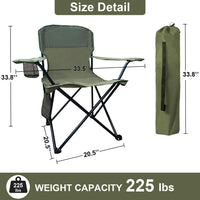 Folding Camping Collapsible Chairs Heavy Duty Lawn Chair with Cooler Bag, Storage Pocket, Waterproof Bag Outdoor Arm Chair, Supports 225LBS, Green
