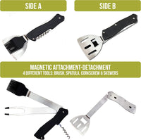 4-In-1 Folding Camping Grilling Tool - Turner Spatula, Grill Brush, Fork & Corkscrew Multi Tool for Outdoor BBQ & Picnics