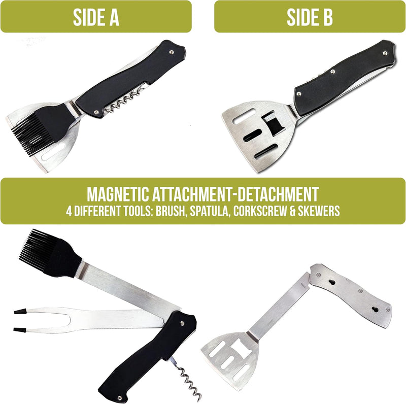4-In-1 Folding Camping Grilling Tool - Turner Spatula, Grill Brush, Fork & Corkscrew Multi Tool for Outdoor BBQ & Picnics
