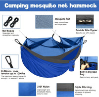 Camping Hammock - Camping Essentials, Double Hammock with Bug Net, Camping Gear Hammock for Outside, Hiking, and Travel (Blue & Gray)