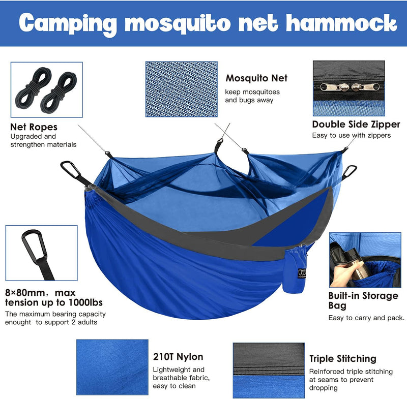 Camping Hammock - Camping Essentials, Double Hammock with Bug Net, Camping Gear Hammock for Outside, Hiking, and Travel (Blue & Gray)