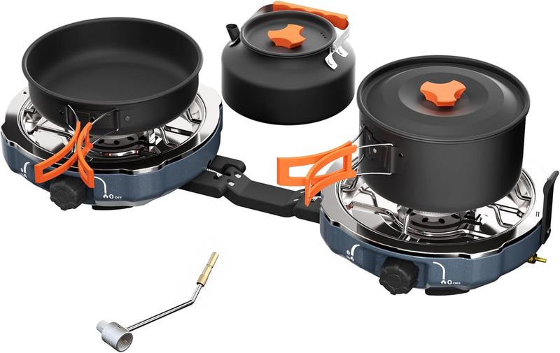 Propane 2 Burner Camping Stove Kit with Camping Cookware, Outdoor Folding Propane Gas Stove, Camp Portable Stove and Camping Cooking Set, 20,000 Btus for BBQ, Tailgating (Overland Grey)