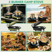 2 Burner Camp Stove 24000 BTU, Portable Propane Camping Stove with Windshield, Foldable Gas Stove with Adjustable Burners, Carry Bag, Camping Cooking Set for RV, Tailgating, Survival, Black