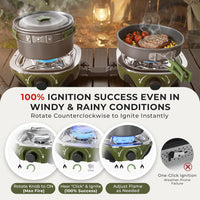 Propane Camping Stove 2 Burner, 20000 BTU Foldable Portable Gas Stove with Cookware Set & Carry Bag, Windproof Outdoor Gas Cooking Kit with Frying Pan for RV, Tailgating, Survival Olive