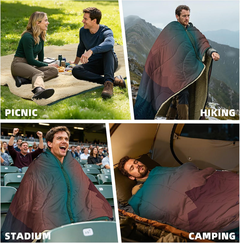 Outdoor Camping Blanket - Puffy Camping Blanket Packable,Sherpa Fleece Warm Blanket for Camping, Outdoors, Travel, Stadium, Festivals, Beach, Hammock 56"X 78" Machine Washable, DWR, Lightweight