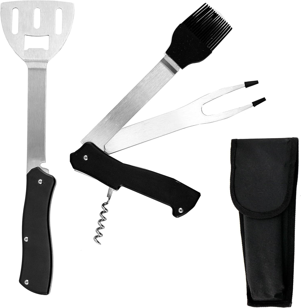 4-In-1 Folding Camping Grilling Tool - Turner Spatula, Grill Brush, Fork & Corkscrew Multi Tool for Outdoor BBQ & Picnics