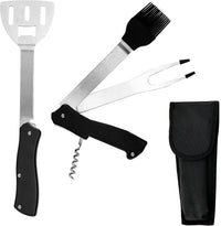 4-In-1 Folding Camping Grilling Tool - Turner Spatula, Grill Brush, Fork & Corkscrew Multi Tool for Outdoor BBQ & Picnics