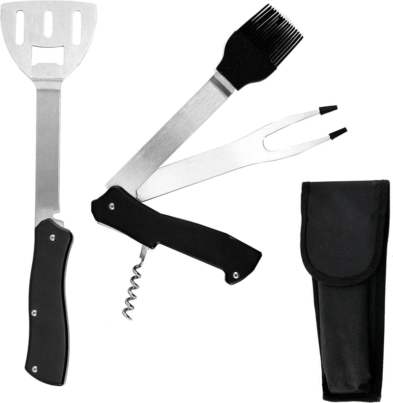 4-In-1 Folding Camping Grilling Tool - Turner Spatula, Grill Brush, Fork & Corkscrew Multi Tool for Outdoor BBQ & Picnics