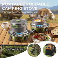 Propane Camping Stove 2 Burner, 20000 BTU Foldable Portable Gas Stove with Cookware Set & Carry Bag, Windproof Outdoor Gas Cooking Kit with Frying Pan for RV, Tailgating, Survival Olive