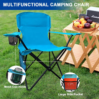 Folding Camping Collapsible Chairs Heavy Duty Lawn Chair with Cooler Bag, Storage Pocket, Waterproof Bag Outdoor Arm Chair, Supports 225LBS, Blue