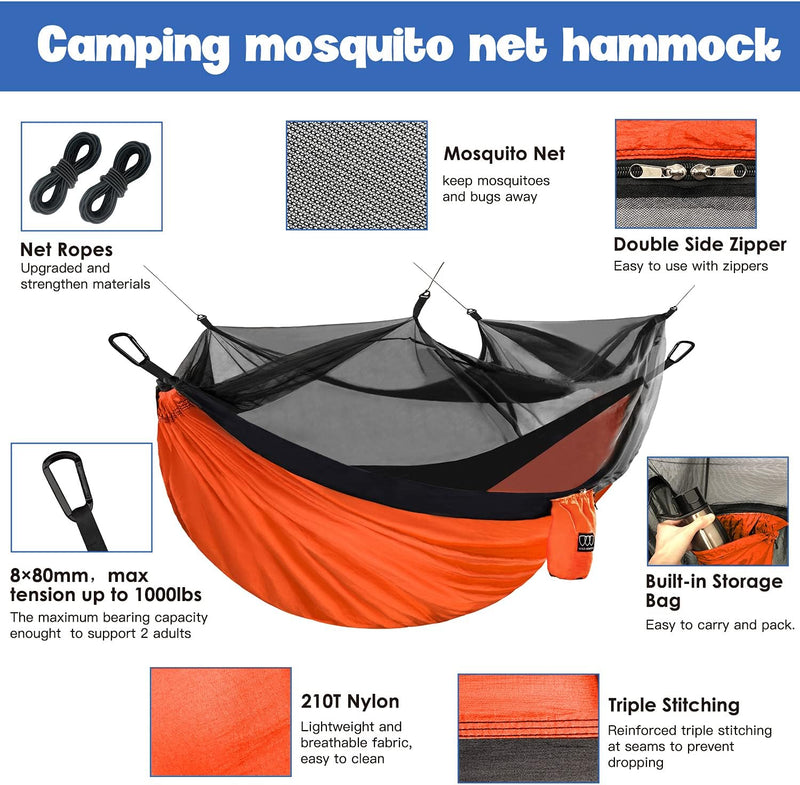 Camping Hammock - Camping Essentials, Double Hammock with Bug Net, Camping Gear Hammock for Outside, Hiking, and Travel (Orange & Black)