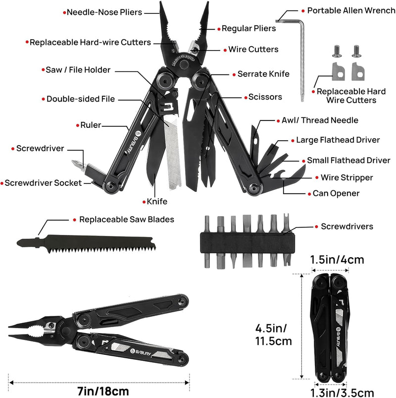 Multitool Pliers Pro BI2045AB, Stainless Steel Foldable Multi Tool with Upgraded Scissors and Screwdriver, Multitools with Replaceable Wire Cutters and Saw, Ideal for Camping,Fishing,Survival