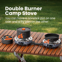 Propane 2 Burner Camping Stove Kit with Camping Cookware, Outdoor Folding Propane Gas Stove, Camp Portable Stove and Camping Cooking Set, 20,000 Btus for BBQ, Tailgating (Overland Grey)