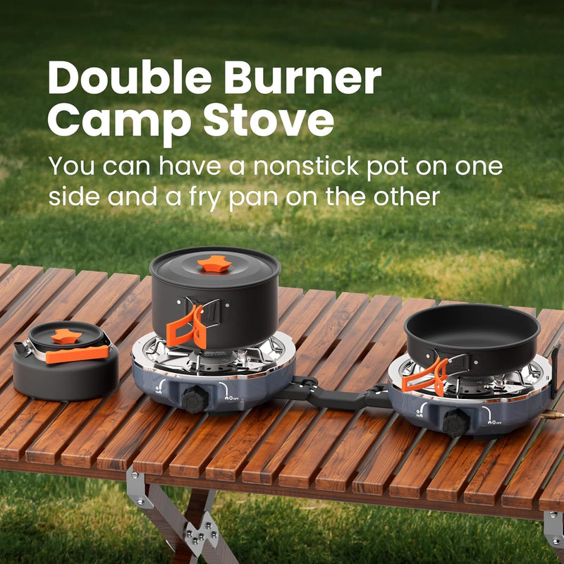 Propane 2 Burner Camping Stove Kit with Camping Cookware, Outdoor Folding Propane Gas Stove, Camp Portable Stove and Camping Cooking Set, 20,000 Btus for BBQ, Tailgating (Overland Grey)