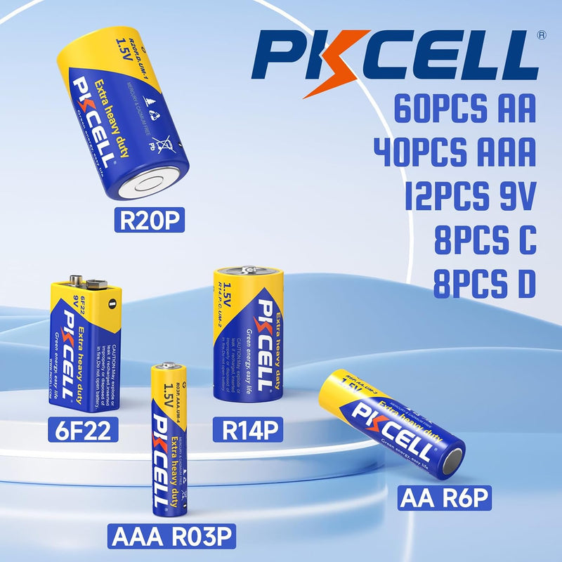 128 Counts Batteries Combo Pack, 60-Count AA Batteries, 40-Counts AAA Batteries, 8-Counts C Batteries, 8-Counts D Batteries and 12-Counts 9V Batteries for Household Electronics