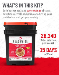 Emergency Food Supply - 120 Servings Breakfast Bucket, Freeze Dried & Dehydrated Meals, Survival Food Kit for Backpacking, Camping Essentials & Prepping Supplies, up to 25 Year Shelf Life