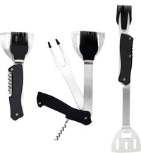 4-In-1 Folding Camping Grilling Tool - Turner Spatula, Grill Brush, Fork & Corkscrew Multi Tool for Outdoor BBQ & Picnics