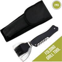 4-In-1 Folding Camping Grilling Tool - Turner Spatula, Grill Brush, Fork & Corkscrew Multi Tool for Outdoor BBQ & Picnics