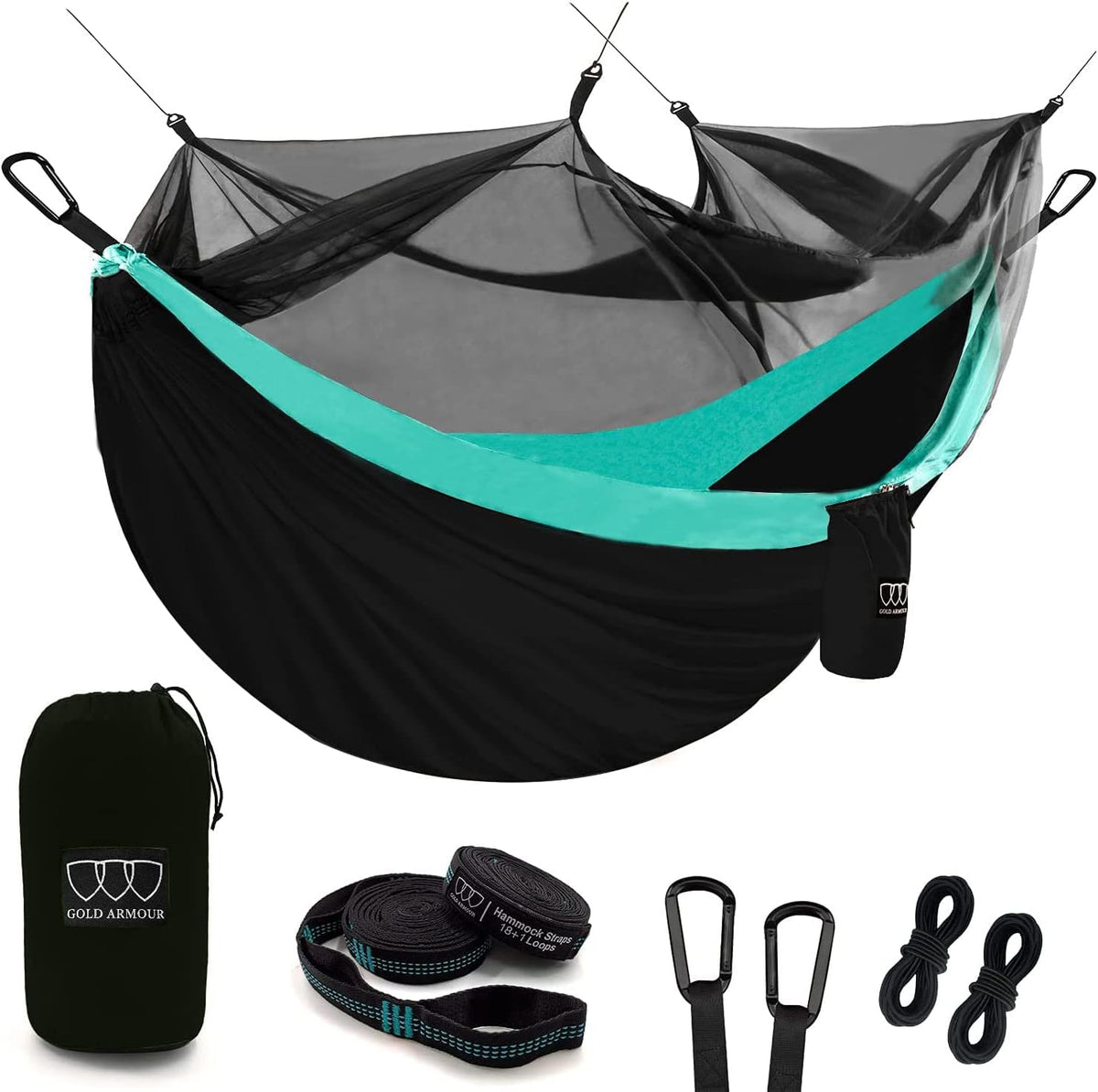 Camping Hammock - Camping Essentials, Double Hammock with Bug Net, Camping Gear Hammock for Outside, Hiking, and Travel (Black & Seafoam)