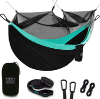 Camping Hammock - Camping Essentials, Double Hammock with Bug Net, Camping Gear Hammock for Outside, Hiking, and Travel (Black & Seafoam)