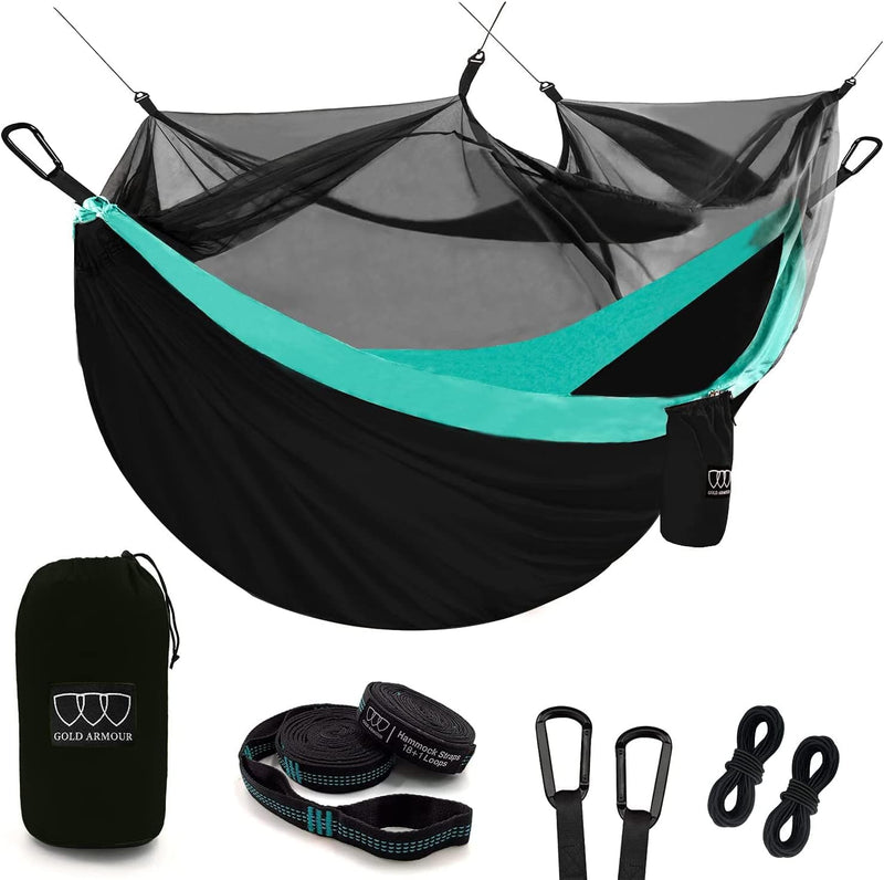 Camping Hammock - Camping Essentials, Double Hammock with Bug Net, Camping Gear Hammock for Outside, Hiking, and Travel (Black & Seafoam)