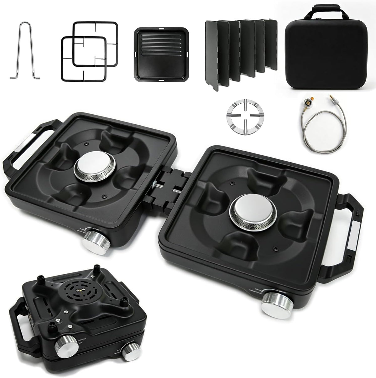 2 Burner Camp Stove 24000 BTU, Portable Propane Camping Stove with Windshield, Foldable Gas Stove with Adjustable Burners, Carry Bag, Camping Cooking Set for RV, Tailgating, Survival, Black