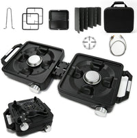 2 Burner Camp Stove 24000 BTU, Portable Propane Camping Stove with Windshield, Foldable Gas Stove with Adjustable Burners, Carry Bag, Camping Cooking Set for RV, Tailgating, Survival, Black