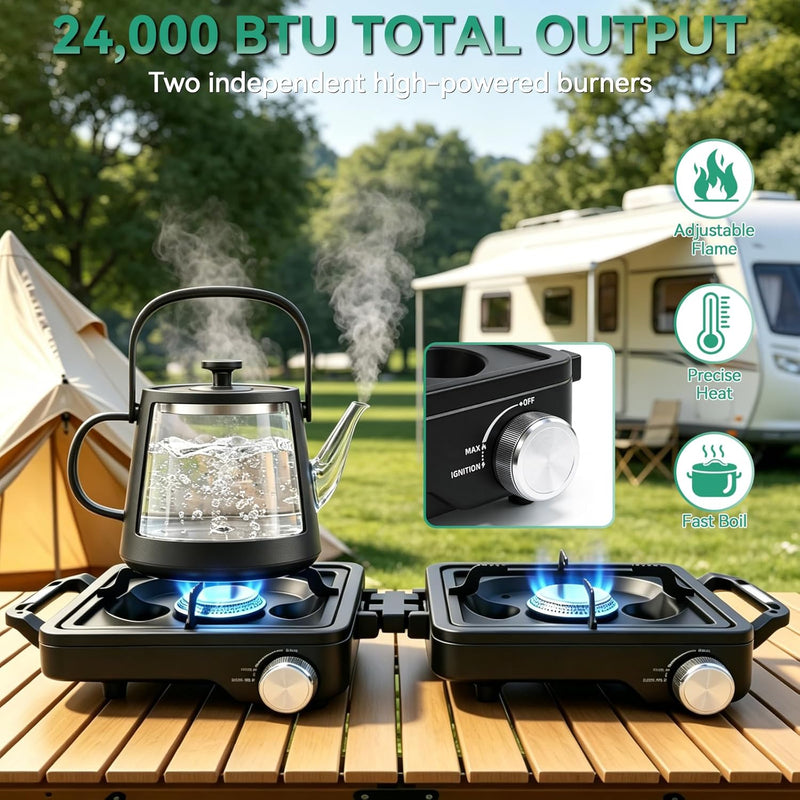 2 Burner Camp Stove 24000 BTU, Portable Propane Camping Stove with Windshield, Foldable Gas Stove with Adjustable Burners, Carry Bag, Camping Cooking Set for RV, Tailgating, Survival, Black