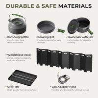 Propane Camping Stove 2 Burner, 20000 BTU Foldable Portable Gas Stove with Cookware Set & Carry Bag, Windproof Outdoor Gas Cooking Kit with Frying Pan for RV, Tailgating, Survival Olive