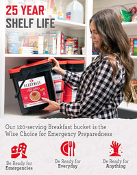 Emergency Food Supply - 120 Servings Breakfast Bucket, Freeze Dried & Dehydrated Meals, Survival Food Kit for Backpacking, Camping Essentials & Prepping Supplies, up to 25 Year Shelf Life